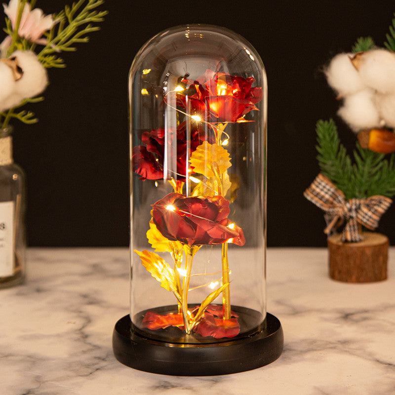 Valentine's Mother's Day Gift: Three Glass Cover Gold Foil Roses Ornament, Eternal Flower LED Night Light