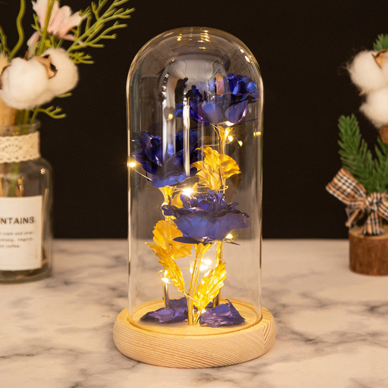 Valentine's Mother's Day Gift: Three Glass Cover Gold Foil Roses Ornament, Eternal Flower LED Night Light