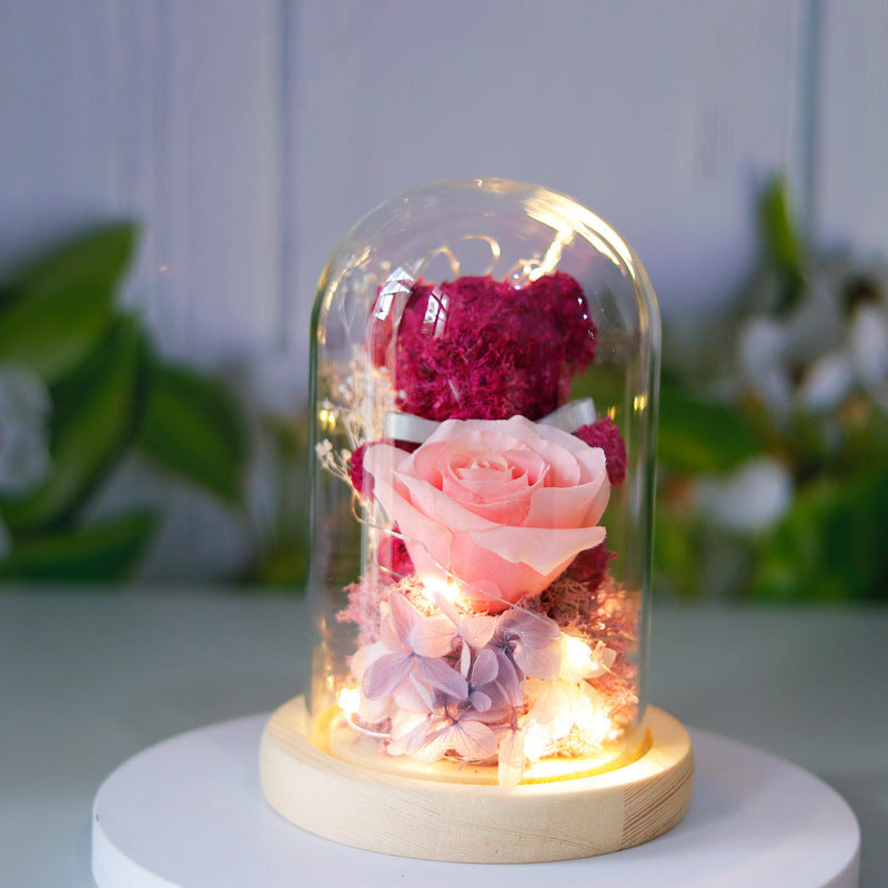 Valentine's Day Gift For Girlfriend Eternal Preserved Rose Flower Gift Box Teddy Bear Eternal Flower With Lights Gift For Women Home Decor